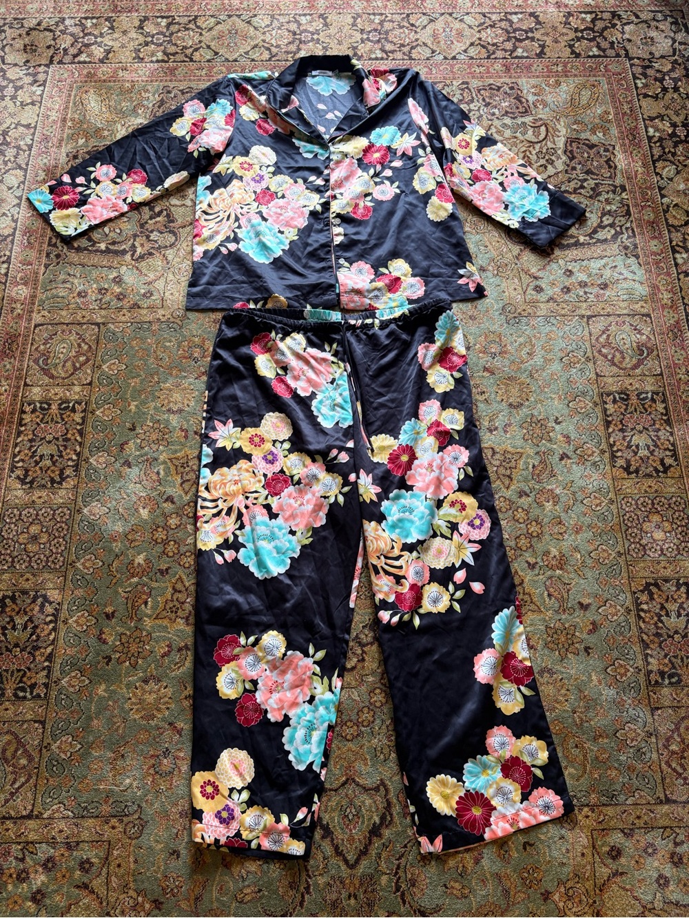 Natori Satin Black Floral Pajama Set